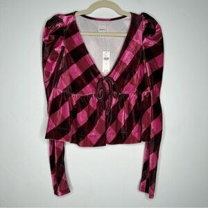 NWT Maeve Velvet Pink Maroon Plaid Puff Sleeve Top Low Cut Size Small